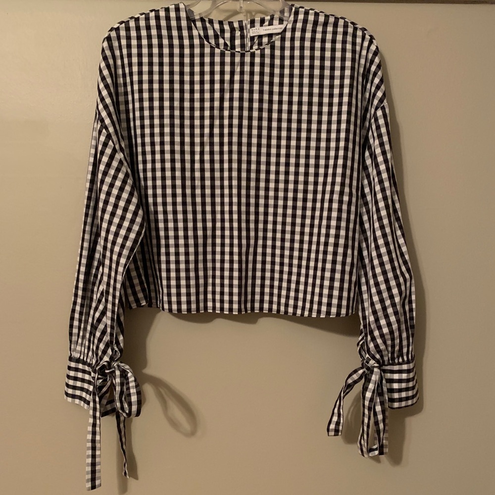 Zara Checkered Tie-Sleeve Blouse